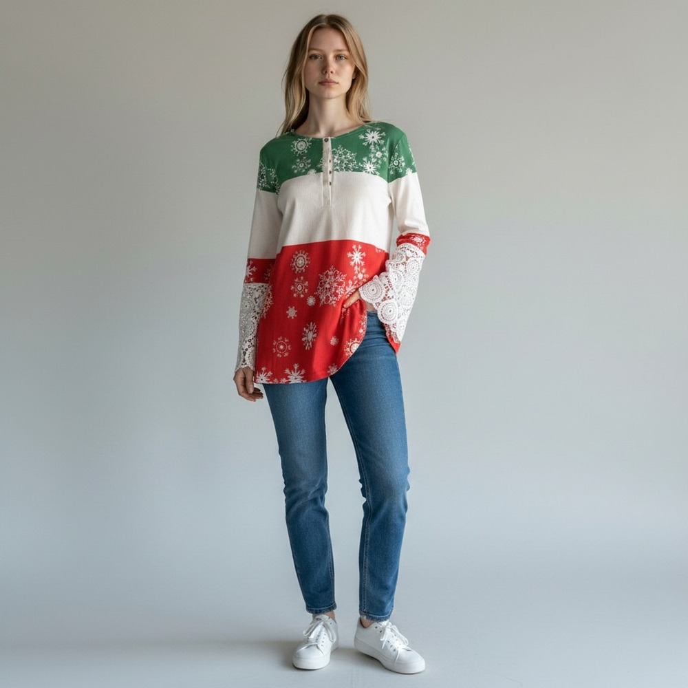 Womens Tunic Top M Green Red White Snowflake Print Christmas Lace Bell Sleeves - Picture 4 of 4